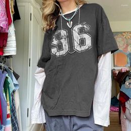 Women's T Shirts Y2k Letter Patchwork Women Full Sleeve Casual Loose Vintage Tee O Neck Streetwear 90s Stylish Outfits