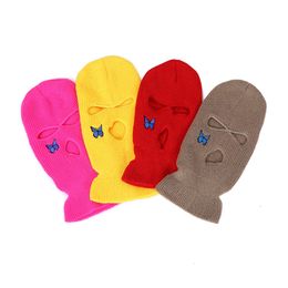 Embroidered Butterfly Pullover Three Hole Candy Colour Woollen Fashion Knitted Outdoor Riding Windproof Hat 937687