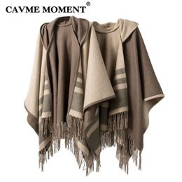 Scarves CAVME Hooded Wool Poncho With Tassels For Women Ladies Shawls In Beige Coffee Color Winter Warm 100% Woolen Striped Wraps 330g