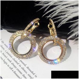 Hoop Huggie High Fashion Round Geometric Rhinestone Shiny Drop Earrings For Women Handmade Rose Gold Copper Earring With Steel Pin Del Dhp5X