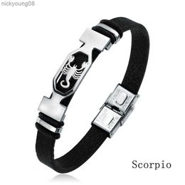 Bangle 12 Constellation Stainless Steel Cuff Bracelet Men Women Zodiac Sign Black Leather Wrap Bracelet Jewellery Pulseras HombreL2403