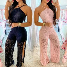 Elegant Jumpsuit Women Summer Halter Sleeveless Crochet Lace High Slit See Through Holiday Long Sexy Long Suits 240229