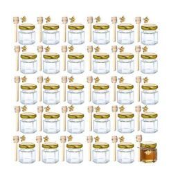 Jars 20pack 1.5oz Hexagon Mini Glass Honey Jars with Wooden Dipper Gold Lids Gold Bee Pendants Jutes Perfect for Baby Showers Party