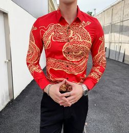 Red Men Shirt High Quality Long Sleeve Mens Casual Shirts China Dragon Print Slim Fit Men Dress Shirts Night Club Party Tuxedo6391597