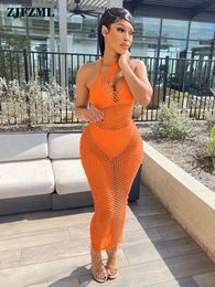 Fish Net Hollow See Through Beach Maxi Dress Womens Sexy One Shoulder Backless Bandage Bikini Top Sleeveless Bohemian Dress 240313