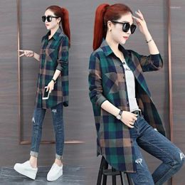 Women's Blouses 2024 Spring And Autumn Style Plaid Shirt Female Mid-Length Blouse Women Jacket Single Row Multi-Button Top L664