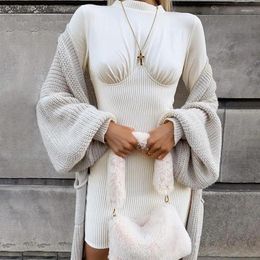 Casual Dresses 2024 Patchwork White Bodycon Mini Dress Long Sleeve Ribbed Knitting Autumn Short High Waist Winter Women