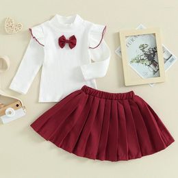 Clothing Sets 1-5years Kids Girl Outfits Bowknot Long Sleeve Tops And Solid Color Elastic Waist Pleated Skirts Girls 2pcs Clothes Set