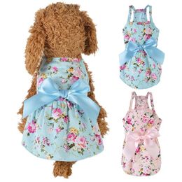 Summer Dog Dress Cotton Blue Sling Dog Skirt Bowknot Shirt Clothes Birthday Small Puppy Breathable Cool Dress For Dogs2740