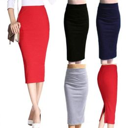 Skirts Autumn Winter Women Pencil Skirt High Waist Cotton Solid Colour Stretch Elastic Slim Business Split Bodycon4937800