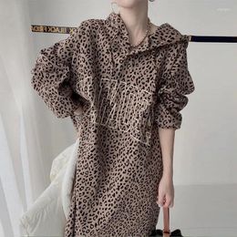 Casual Dresses 2024 Spring Autumn Plus Size 4XL Hooded Dress Women Retro Letter Printed Leopard Print Loose Tops Hoodie Mid-Long Vestidos