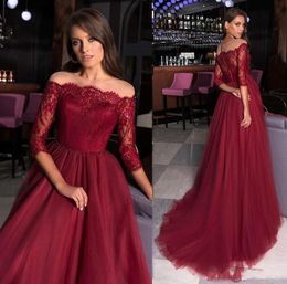 Robe Soiree 2020 Burgundy Three Quarter Long Sleeves Evening Dresses Long Prom Gowns Elegant Lace Tulle Formal Party Dress6962666