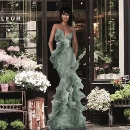 Mint Green Mermaid Prom Dresses Axless Floral Ruffles Tiered Cluund Tulle Fishtail Evening Dress Women Pageant Gowns