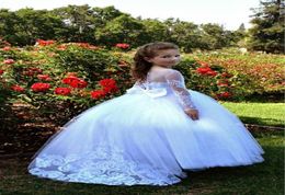 Vintage Flower Girls Dresses For Wedding White With half Short Sleeves Lace Tulle A line Ruched Kids Little Girls First Communion 7518502