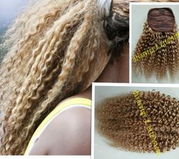 Virgin blond kinky curly drawstring ponytail hair extension clip in honey blonde 27 drawstring curly hairpiece 14inch 140g s9745388