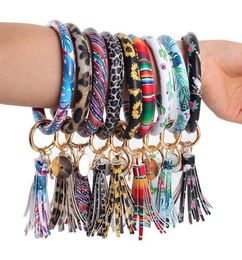 PU Leather Wrap Key Ring Women Tassels Jewellery Bracelets Leopard Lily Print Keychain Wristband Sunflower Drip Oil Bangle Bracelet 2018322