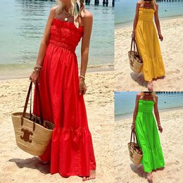 Elegant and Bohemian Spring Women's Fashion Strapless Boho Vacation Dress Solid Color - Red Yellow Grass Green Sizes S-XL AST183085
