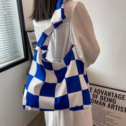 Large Capacity Canvas Bag Women's Bag Chequered Shoulder Bag Japanese and Korean Tote Bag Female Student School Bag 240315