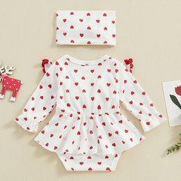 Rompers Baby Girl First Valentine S Day Outfits Long Sleeve Heart Print Romper With Headband Set Infant Spring Clothes