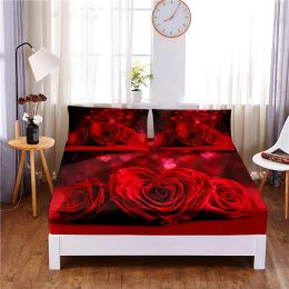 Set Love Flower 3pc Polyester Solid Fitted Sheet Mattress Cover Four Corners With Elastic Band Bed Sheet(2 pillowcases)