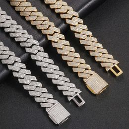 Trendy Men's Bracelet 20mm Flip Buckle with Three Rows of Zircon Diamond Cuban Chain Thick Hip-hop Necklace