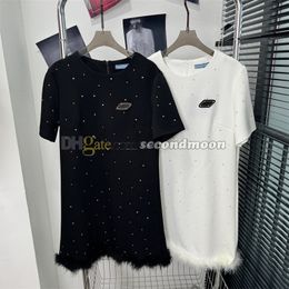 Women Fashion Feather Dress Metal Badge Dresses Shiny Rhinestone Dress Crew Neck Short Sleeve Dresses