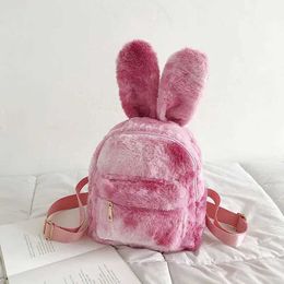 Backpacks Cute Rabbit Ears Tie Dye Plush Backpack For Women Faux Fur Shoulders Bag Furry Mini Backpacks Girl Fluffy Bag 2021 Winter NewL2403
