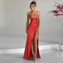 Selling Women's Clothing Spring New Product Fashionable and Sexy Vneck Open Back Lace Up Slit Dress