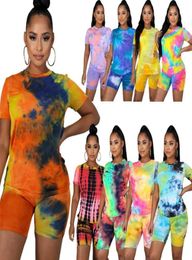 Summer Tracksuits Sexy Women Plus Size 5XL Outfits Joggers Biker Sweat Tie Dye Crew Neck Two Piece Pants Short Set7666753