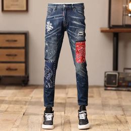Men's Jeans Streetwear Fashion Men Retro Blue Stretch Skinny Fit Ripped Patched Designer Hip Hop Denim Pencil Pants Hombre