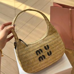 mimu Designer Classic Panier Hobo Bag Beach Raffia Basket Straw Crochet Shoulder WIth Strap Handbag Moon Bags Luxury Women Soft Pleated Tote 240315