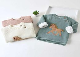 Cute Horse Print Kids Sweater Boys Thicken Plus Fleece Tops Girls Sweater Newborn Winter Warm Wool Pullovers Clothing Baby Coats Y6413080