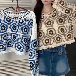 Women's Sweaters Hollow Out Cropped Knit Smock Top Vintage Loose Distressed Crochet