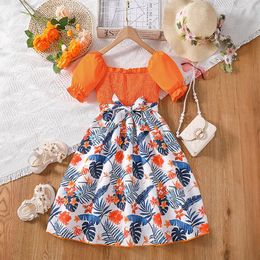 Girl Dresses Short Sleeve Floral Dress For Kids Girls 7-12Y Summer Ruffles Bowknot Flowers Print Princess Children Party A-Line