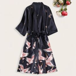 Women's Sleepwear Women Soft Nightgown Elegant Bird Print Satin Lace-up V Neck Bathrobe For Cardigan Morning Dressing Gown