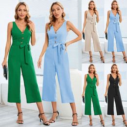 Fashion, Sexy, Slim Fit, Temperament, Sleeveless Button V-neck Bodysuit, Outer Size, Straight Sleeve, Medium Length Pants, Women's Large