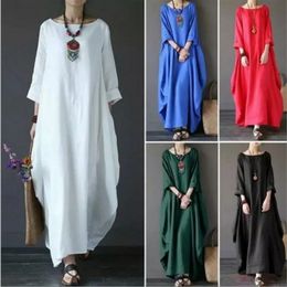 Spring Loose Size Round Neck MidSleeve Large Swing Cotton And Linen Long Dress 240313