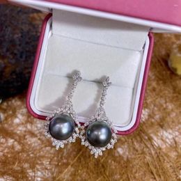 Dangle Earrings Fashion 11-12mm Black Pearl For Female Real Tahitian Round Pearls Drop 925 Sterling Silver Jewelry