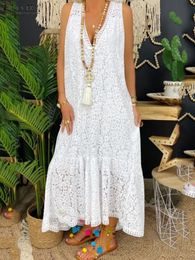 Fashion Solid Beach Holiday Vestido Bohemian Lace Crochet Dress ZANZEA Women Summer V Neck Sleeveless Party Sundress Sarafans 240308