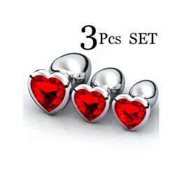 3pcs/set Smooth Massager Beads Crystal Jewelry Heart Butt Stimulator Women Sex Toys Dildo Stainless Steel Anal Plug