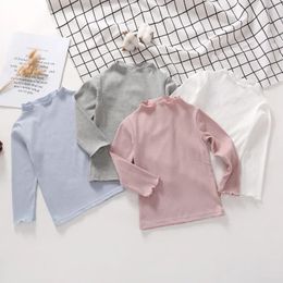 Girls Cotton T-Shirt Autumn Childrens Long-Sleeve High-neck Warm Bottoming Shirt Baby Kids Clothes Candy Colour Tops 240313