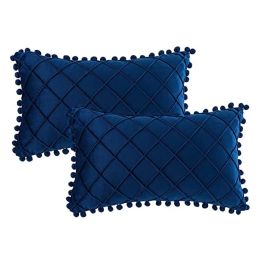 Cushion Set of 2 Boho Decorative Lumbar Throw Pillow Covers with Pompoms Velvet Plaid Rectangle Cushion Case for Couch Sofa Bedroom Car