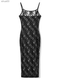 Basic Casual Dresses Fashion Spaghetti Strap See Through Midi Dress Women Black Sexy Sheer Mesh Lace Floral Dresses Chic Y2K Beach Outfits VestidosL2403