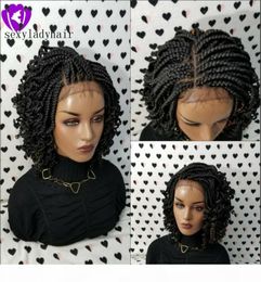 Handmade Kinky Curly box Braids Wig black brown blonde ombre color short braided lace front wig for africa women8359430