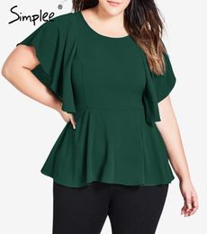 Simplee Plus size womens tops and blouses Elegant oneck ruffled top shirt female Short sleeve solid high waist peplum blouse 21047688763