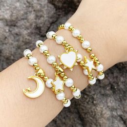 Charm Bracelets Niche Pearl Copper Beads Hand String Ins Fashion Light Star Moon Love Pendant Bracelet Elastic Rope Without Buckle