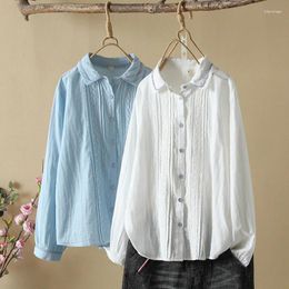 Women's Blouses Cotton Yarn Blue Shirts Elegant For Women Plus Sizes Tops Korean Fashion Lace Embroidery Patchwork Blouse