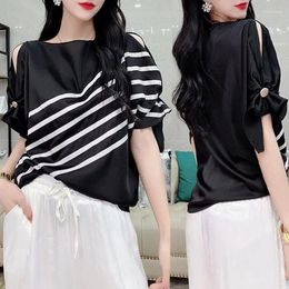 Women's Blouses Office Lady Elegant Slash Neck Blouse Casual Cut Out Off Shoulder Female Clothing Fashion Striped 2024 Summer Short Sleeve