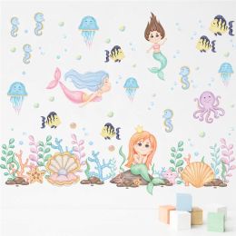 Stickers Cartoon Mermaid Fishes Sealifes Wall Sticker For Bathroom Home Decoration Diy Ocean Theme Mural Art Girls Decals Pvc Posters