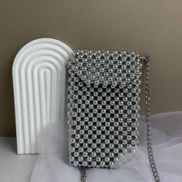 Cellphone Bags Minimalist Silver Beaded Bag Single Shoulder Crossbody Self-made Woven Finished Flip Phone Compact Bag